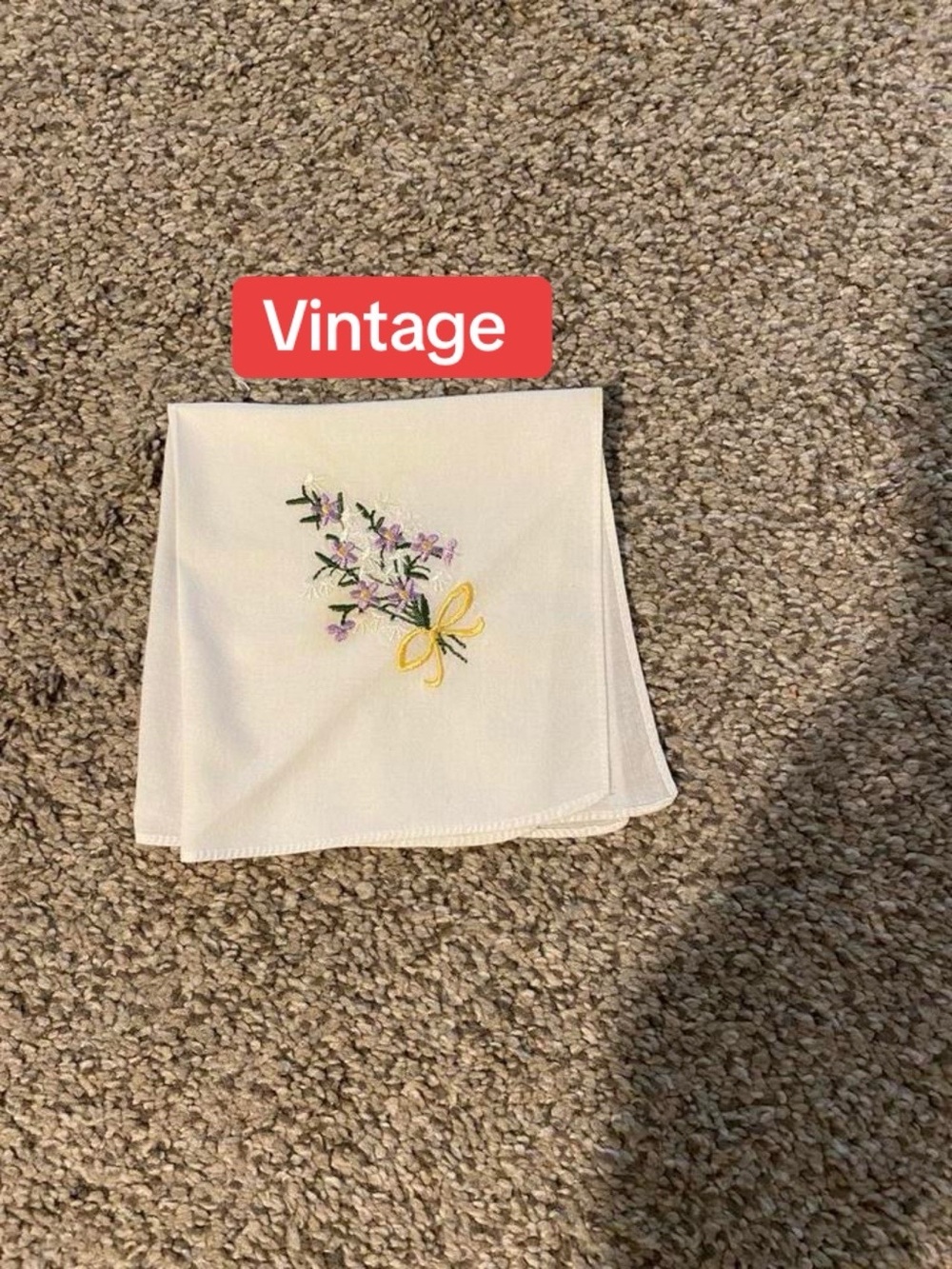 Vintage Cream Handkerchief with Lavender Embroidery and Yellow Bow